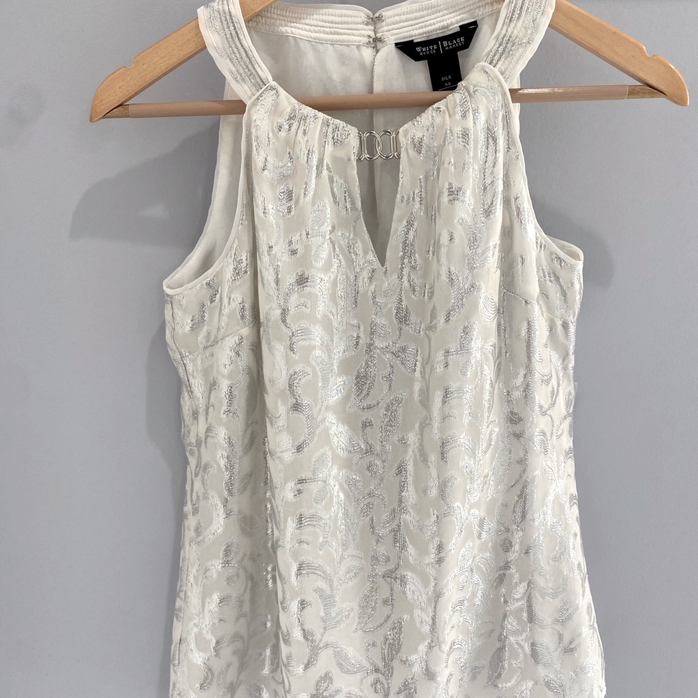 White House Black Market white halter tank top with silver embroidery